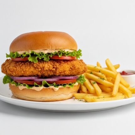 Chicken burger sandwich with potatoes